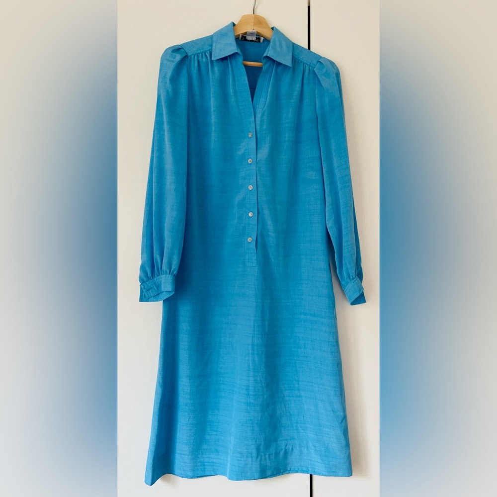 Sport Vintage 80s Retro Long Sleeve Shirt Dress Midi | Small - Medium | Teal
